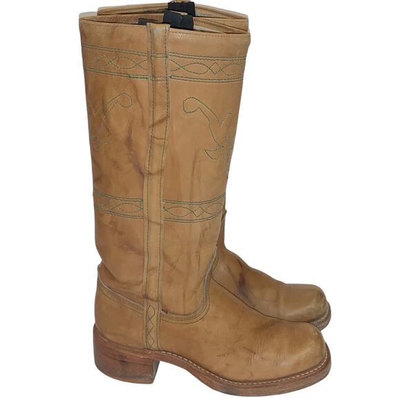 Vintage Campus Boot Square Toe Tall Green Stitch Longhorn Banana USA Women 8N - Picture 1 of 16